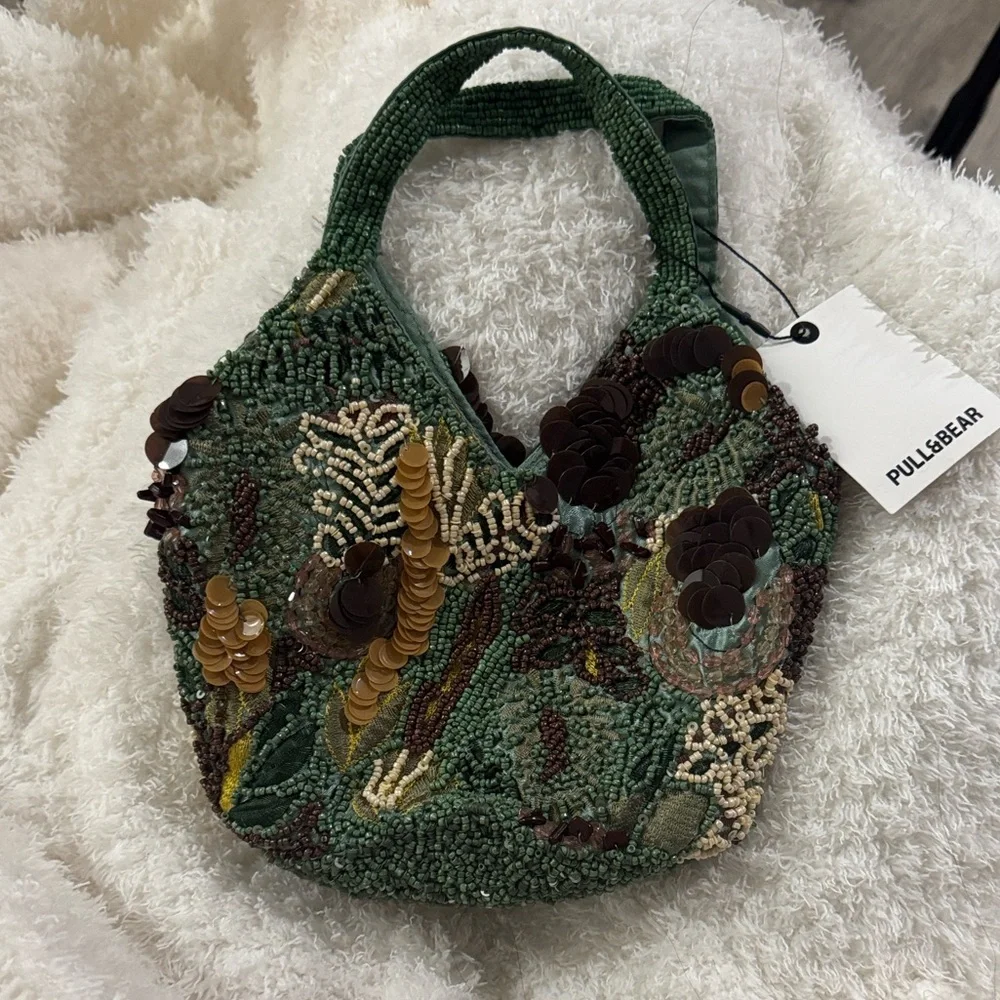 Pull&Bear Green and Brown Beaded Shoulder Bag - Picture 4 of 4